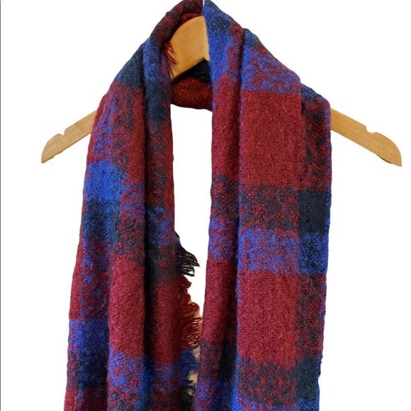 Red & Blue Plaid Frayed Large Blanket Scarf - Picture 3 of 5